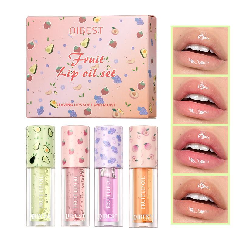 Product Introduction of Fruit Flavor Lip Gloss, 4 Counts/set Moisturizing Lip Gloss, Glossy Lip Glaze, Plumping Lip Oil for Girls & Women, Christmas Gift 0