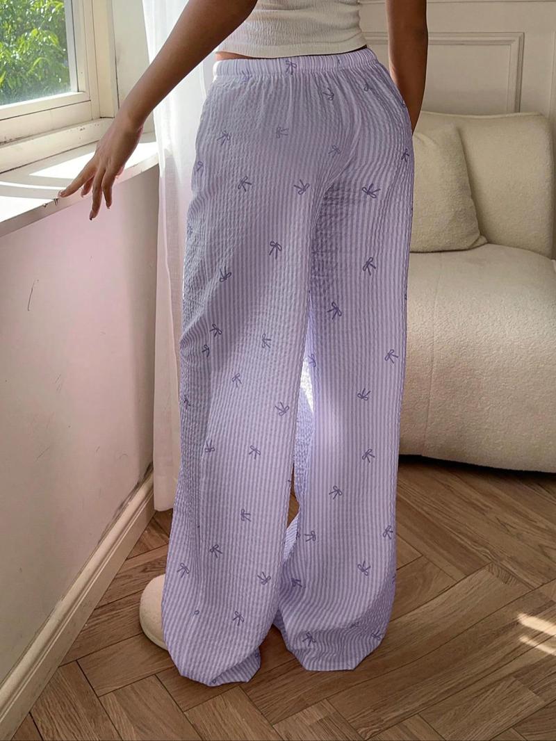 Product Introduction of Women's Striped Print Tie Waist Pants, Casual Comfy Trousers for Daily Wear, Ladies Bottoms for All Seasons, Pajamas 2