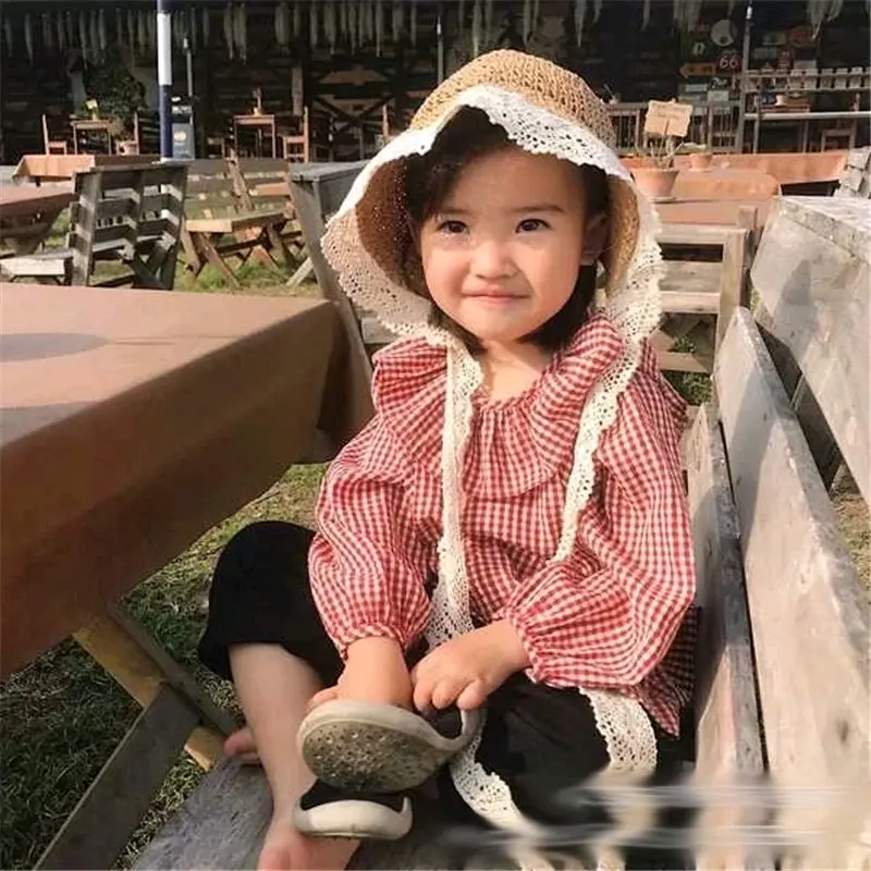 Topi Anak Perempuan Jerami Renda Korean Bucket Hat Import