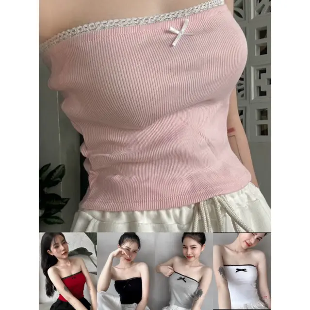 Beautiful women's Lace Trim Tube Top with Bow m071 Breathable Fabric Shirt Womenswear