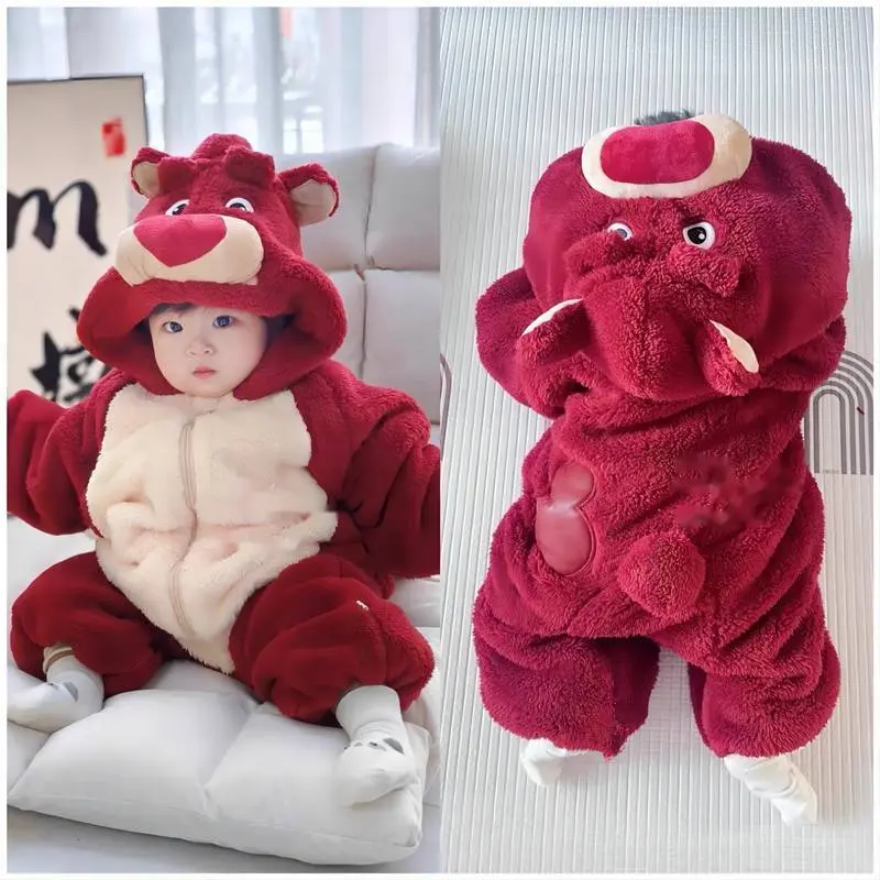 Áo Jumpsuit Quần Dày Cho Mùa Đông, Cho Em Bé Trai, Lót Lông Cừu, Quần Áo Đệm Bông, Thiết Kế Gấu Dâu Tây Siêu Dễ Thương, áo liền quần Đi Chơi