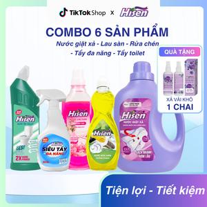 Combo Tiện lợi 6 in 1 - Nước giặt xả 2kg + Nước lau sàn 1000ml + Nước rửa chén 750g + Siêu tẩy đa năng 500ml + Tẩy Toilet 750ml + Xịt vải khô 100ml