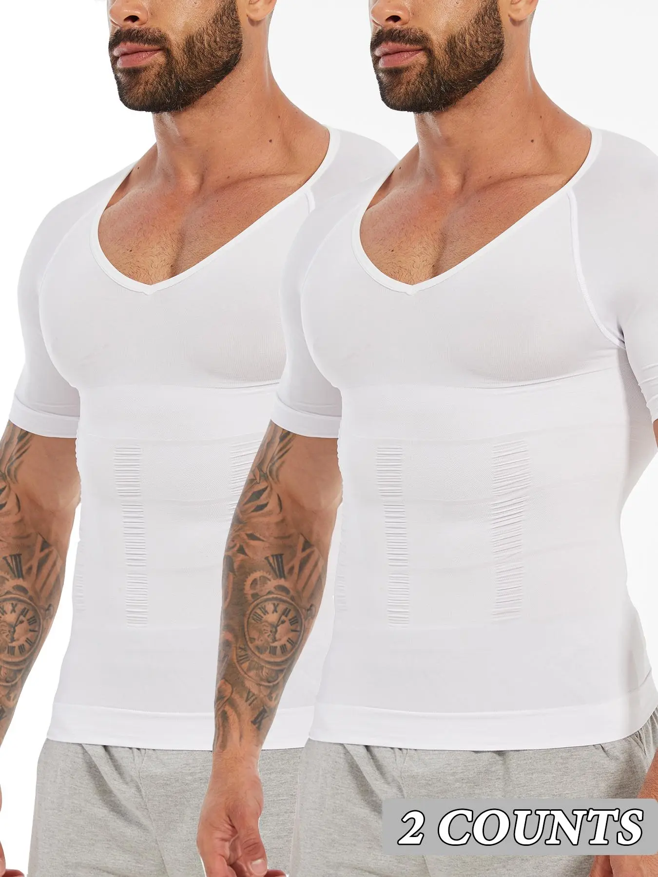 Men's Solid Color Compression Shapewear Tee, High Stretch V Neck Compression Shaper T-shirt, Tummy Control Shapewear Top for Daily Wear