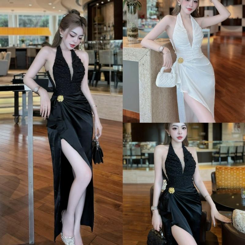 Đầm yếm bling phối lụa xẻ đùi AL5500