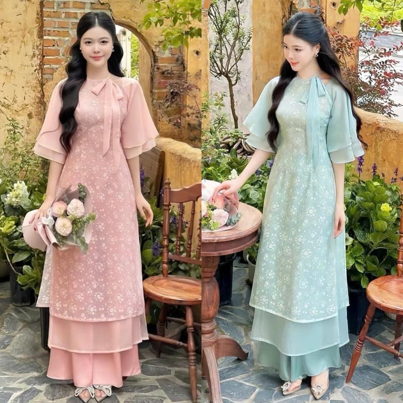 Set áo dài cách tân thiết kế cổ yếm cánh tiên tơ hoa cột nơ trước 4 tà kèm quần lụa dáng suông xinh xắn dành cho các nàng diện đi lễ chùa. Women Dress