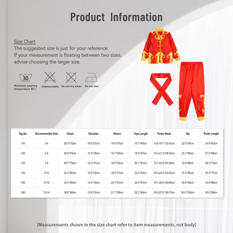 Product Introduction of Haitryli  Unisex Kids Girls Boys Color Block Kung Fu Suit Performance Outfit Mandarin Collar Long Sleeve Side Split Top with Elastic Waistband Pants Belt 0