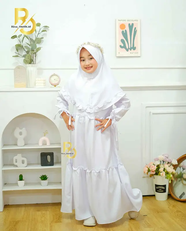 Hana Gamis Anak Perempuan Set Hijab / Gamis Putih Anak Manasik Haji / Baju Lebaran 2024 Anak Cewek 3