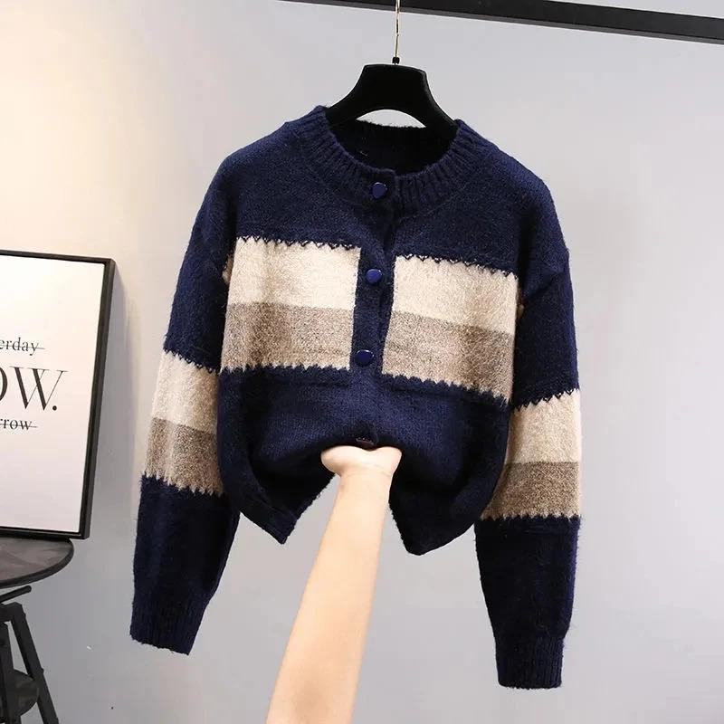 Product Introduction of Multicolor striped lantern sleeve knit loose single breasted women's cardigan sweater coat for women clothing Autumn Winter Knitwear Womenswear 4