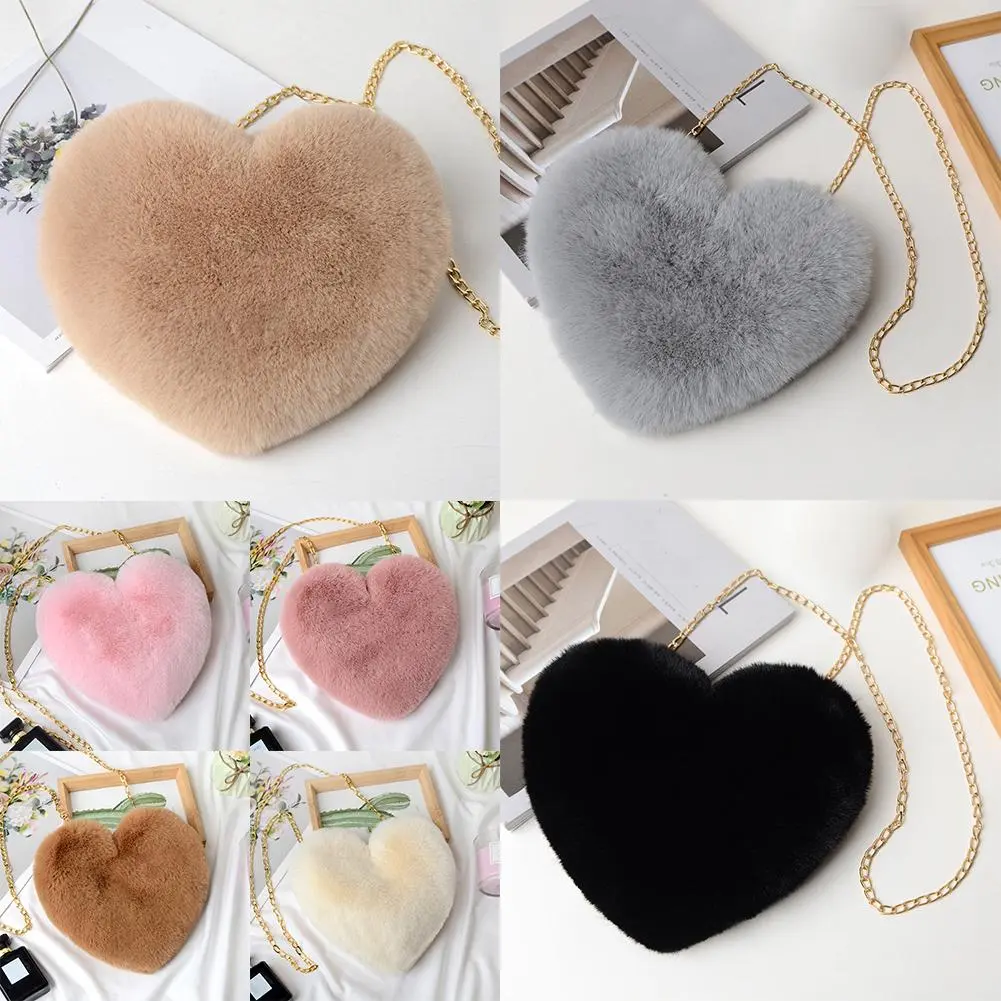 Túi Đeo Vai Trái Tim Màu Hồng Nhồi Bông Thời Trang, Túi Đeo Chéo, Trái Tim Lông Dễ Thương, Dành Cho Nữ, Túi Đeo Chéo, R9I0