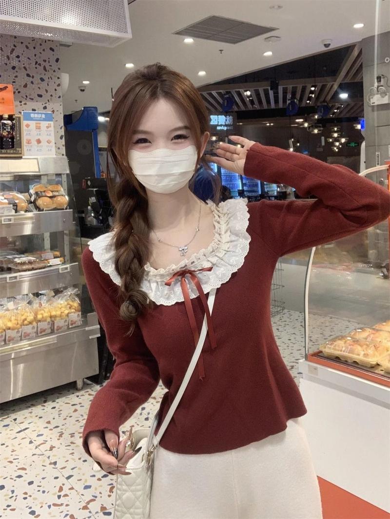 Product Introduction of Áo Sơ Mi Lông Cừu, Cổ Búp Bê Thiết Kế Màu Đỏ, Ấm Áp Và Mềm Mại, Áo Dài Tay Sang Trọng Nơ Ren Mùa Thu Và Mùa Đông Của Phụ Nữ Women Top 9