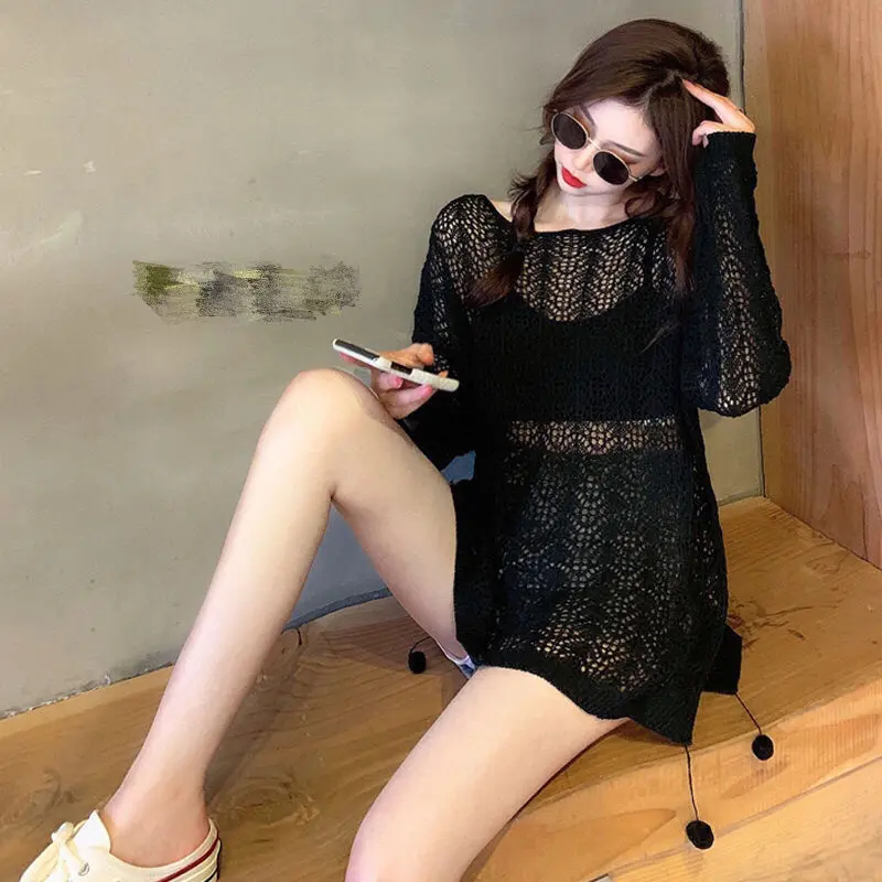 Áo Len Dáng Rộng Phong Cách Thường Ngày Dành Cho Phụ Nữ, Áo Dài Tay Mùa Hè, Áo Cánh Đan Móc, Áo Chống Nắng Mỏng Áo Phông, Thiết Kế Xuyên Thấu Gợi Cảm