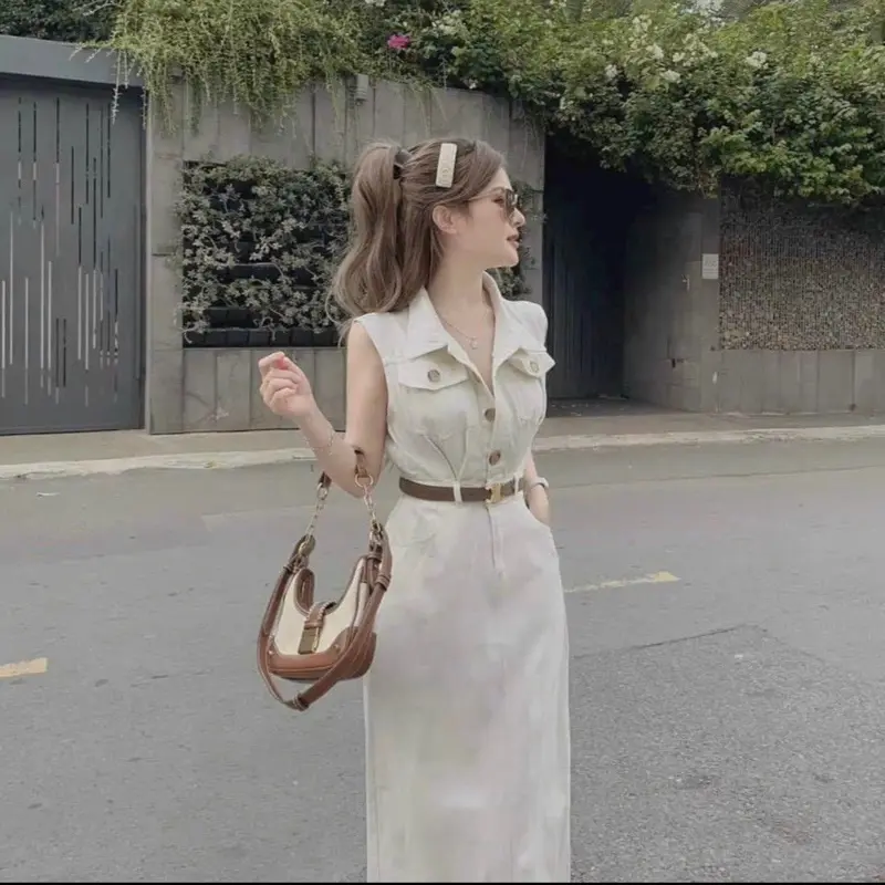 ĐẦM THỜI TRANG NỮ KAKI DÁNG DÀI QUA GỐI SÁT NÁCH PHỐI TÚI HỘP KÈM NỊT