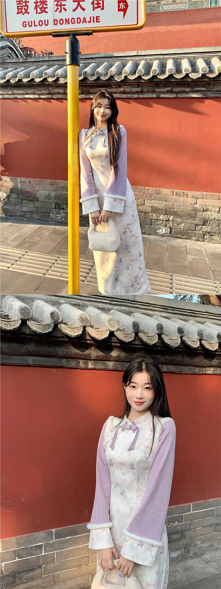 Product Introduction of [Flower Dynasty as Promised] New Chinese Style National Style Retro Zen Improved Cheongsam Winter Temperament... Dress Traditional Clothing Lingerie Women Comfort blue  saree Womenswear 2