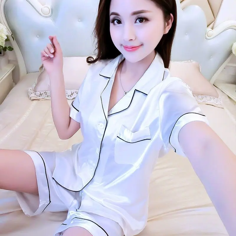 Bộ Đồ Ngủ Nữ, Hàng Mới Về, Chất Liệu Lụa, ngắn Tay, Thích Hợp Cho Mùa Xuân Và Mùa Hè, Mỏng, Ngoại Cỡ, Bộ Đồ Mặc Nhà, Màu Trơn Bộ Đồ Hai Mảnh Áo