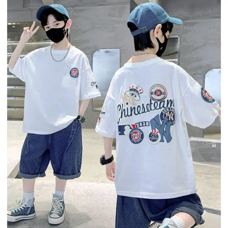 BOY'100 100 HORT-Sleepred T-Shirt Trendy 2024 100ummer Kids Korean Top Youth 12-Year-Old Boy Half-Sleep Summer Wear