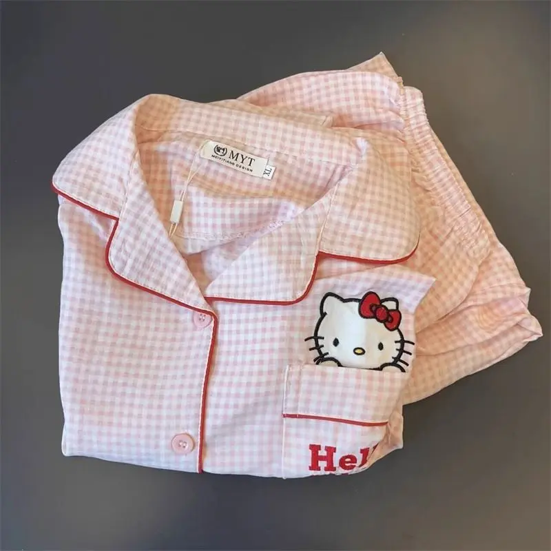 Bộ Đồ Ngủ Hello Kitty, Phong Cách Hàn Quốc, Dễ Thương, Dành Cho Nữ, Bộ Quần Dài Áo Dài Tay Và Quần Dài, Bộ Đồ Mặc Ở Nhà Kẻ Sọc Đơn Giản Nhật Bản, Thích Hợp Cho Mùa Xuân Và Mùa Hè 2