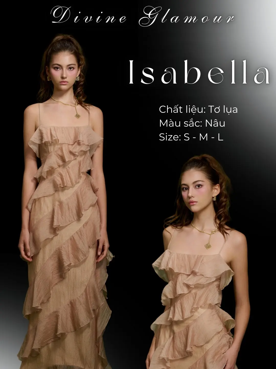 Váy dài hai dây tơ lụa xếp tầng màu nâu - Isabella Dress