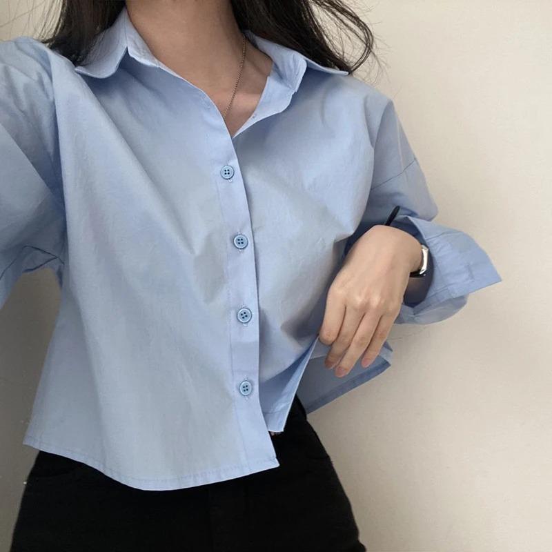 Product Introduction of Fashion Short Shirts Women Korean Chic Loose Solid Color Long Sleeve Crop Tops Female Casual Elegant Button Split Turn Down Collar Blouse 6