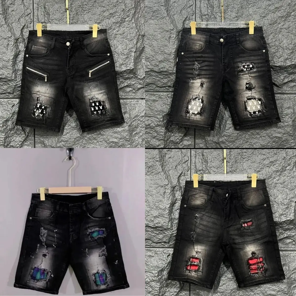 Quần short jean nam đen vá gối vải chất jean co giãn phong cách thời trang mẫu mới