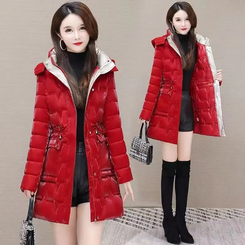 Áo Khoác Độn Bông, Bóng Loáng, Dành Cho Nữ, Mùa Đông, Hàng Mới Về, Không Cần Giặt, Dài Trung Bình Áo áo Phao, Nhỏ Và Thời Trang