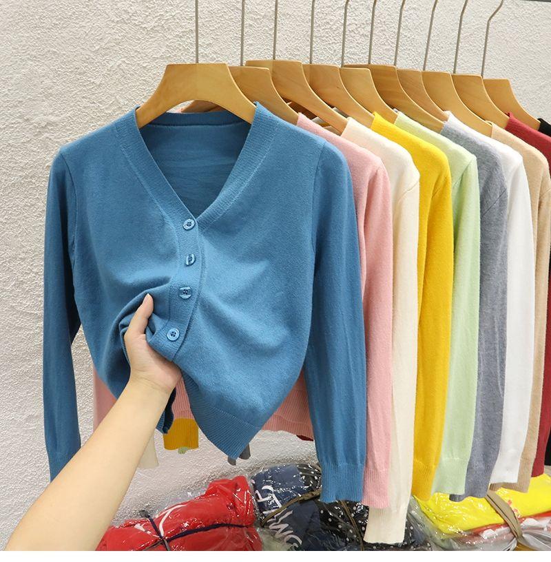 Product Introduction of Áo Khoác Cardigan Dệt Kim, Cổ Chữ V, Ngắn, Dành Cho Nữ, Hàng Mới Về Mùa Thu 2024, Màu Trơn Áo Len Bên Ngoài, Áo Len Dài Tay Women Top 3