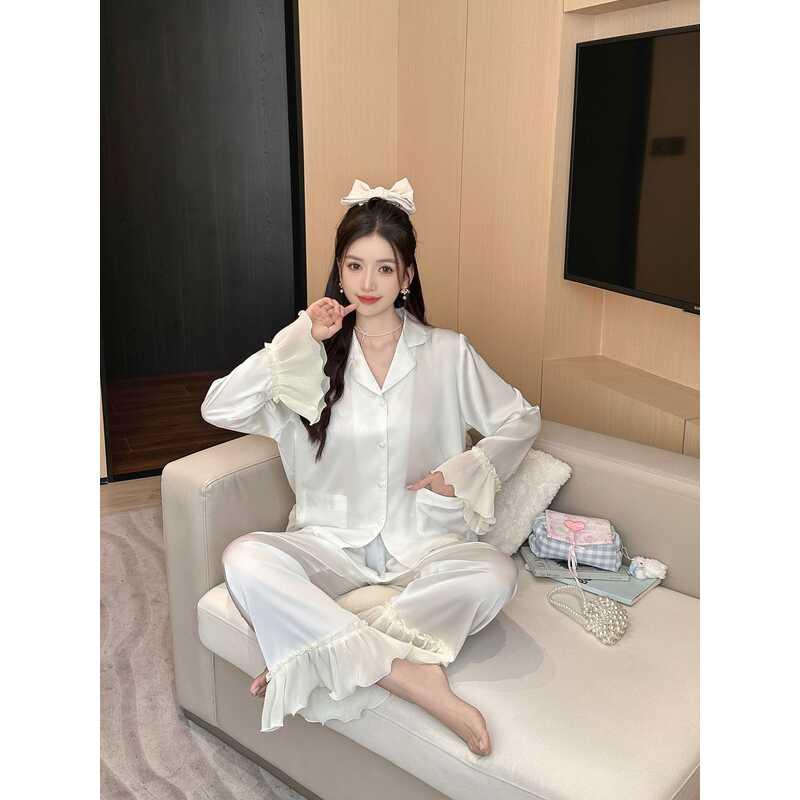 Bộ Đồ Ngủ, Chất Liệu Lụa Lạnh Dành Cho Nữ, Viền Xếp Nhún Tay Dài, Phong Cách Cung Điện, Ngọt Ngào Và Ngọt Ngào, Thích Hợp Mặc Ngủ Áo Women 5