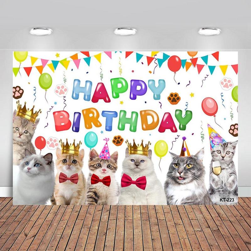 Happy Birthday Cat Pattern Backdrop, Pet Doggy Party Photo Backdrop, Birthday Party Decorations Backdrop, Cake Table Photo Booth Props, Banners 0