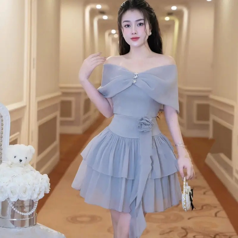 HĐ - Váy Thiết Kế Váy Dự Tiệc Váy Tơ Trễ Vai Đính Hoa Eo Có Quần Bảo Hộ V2428 Nữ Women Dress đầm
