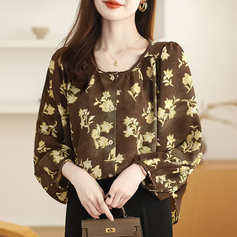 New Fashion High Quality Fabrics Loose 3/4 Sleeve Khaki Thailand Women Blouse Casual Travel Work Top Wanita Panjang Atasan 0
