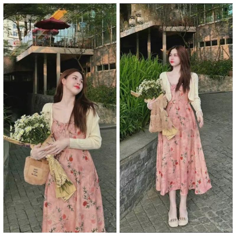 Sét Váy Hoa nữ hai dây ( CÓ MÚT) kèm áo khoác sang chảnh, Thích hợp khi Đi Tiệc Women Voan Dress Kem Màu Hồng 1