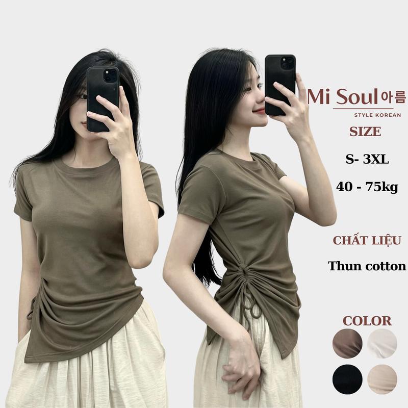  Áo Thun Khoét Bên Eo Vạt Nhọn MiSoul BigSize Áo Cộc Tay Rút Dây BigSize 200 Top Cổ Tròn Nữ Women Đen Voi 