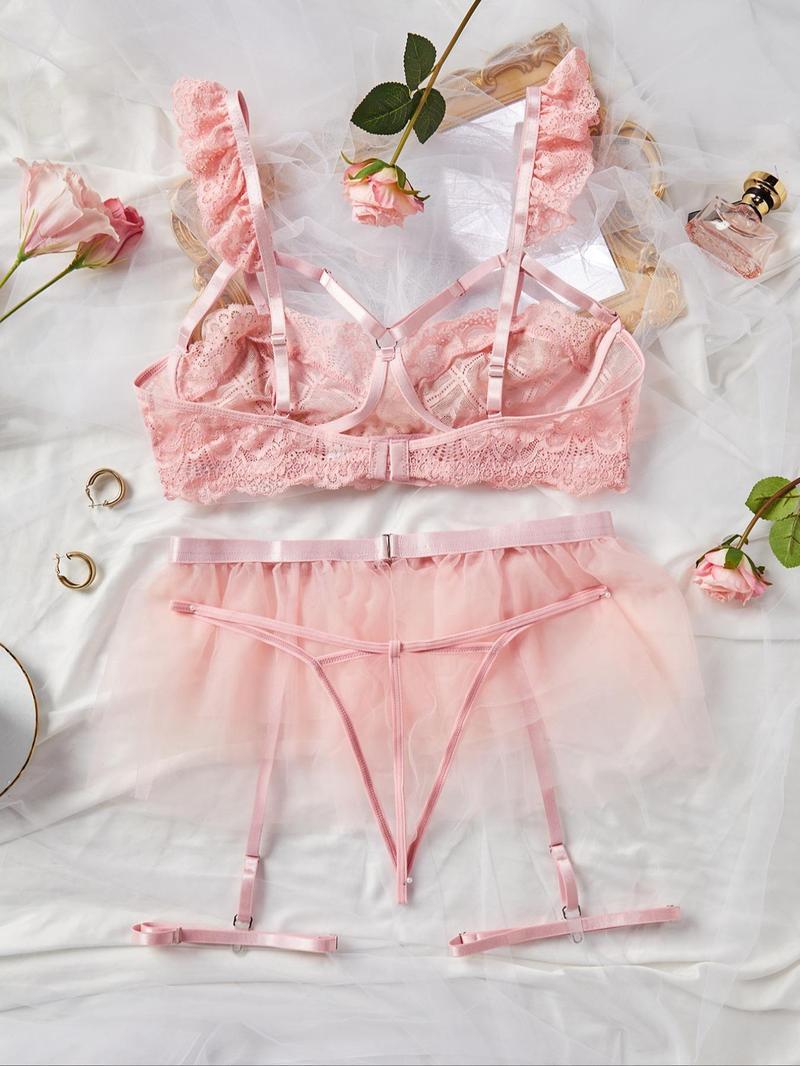 Product Introduction of "Sensual Lace Lingerie Set: Cut-Out Bra, Thong & Garter Belt with Thigh Ring - Perfect Valentine's Day Gift for Her" Womenswear Comfort Bridal Pink 12