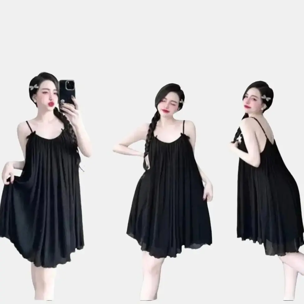 Đầm ngủ nữ hai dây đính nơ mặc nhà dễ thương chất chiffon form rộng mát size 40 - 65kg CARY Women Váy Ngủ Dress