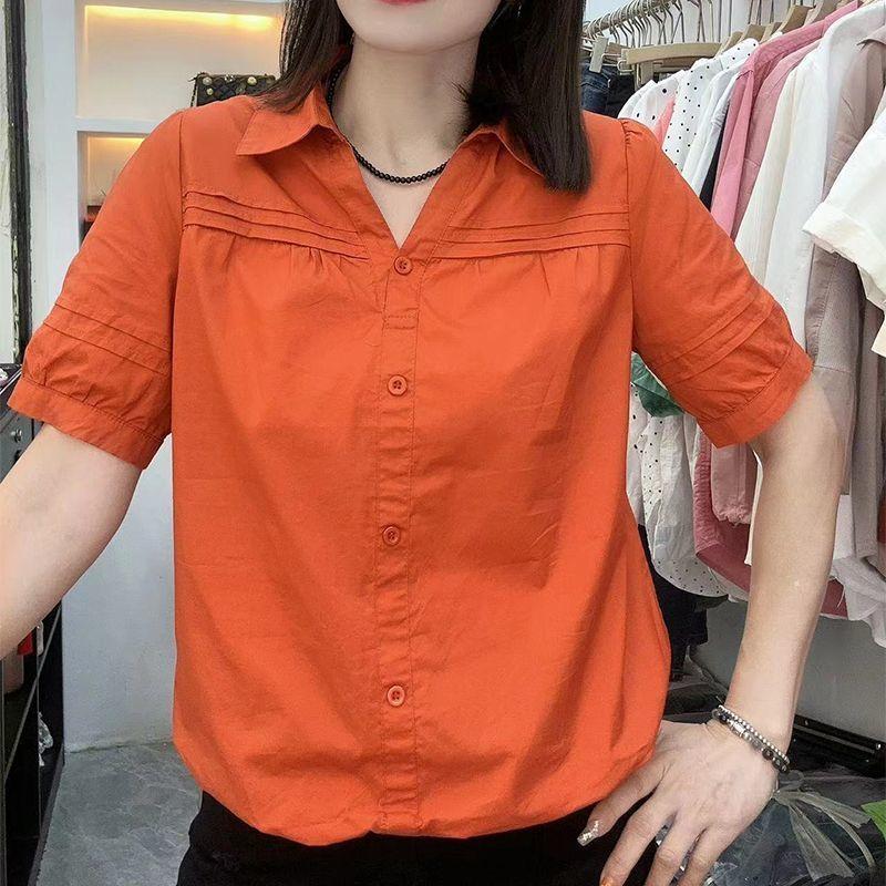 Áo Sơ Mi ngắn Tay Xếp Ly Phong Cách Trung Quốc Mới, Áo Sơ Mi Ngắn Eo, Hàng Mới Về Mùa Hè, Cổ Áo bẻ xuống Mỏng, Áo Bó Sát Dáng Rộng Rãi, Dành Cho Nữ 5