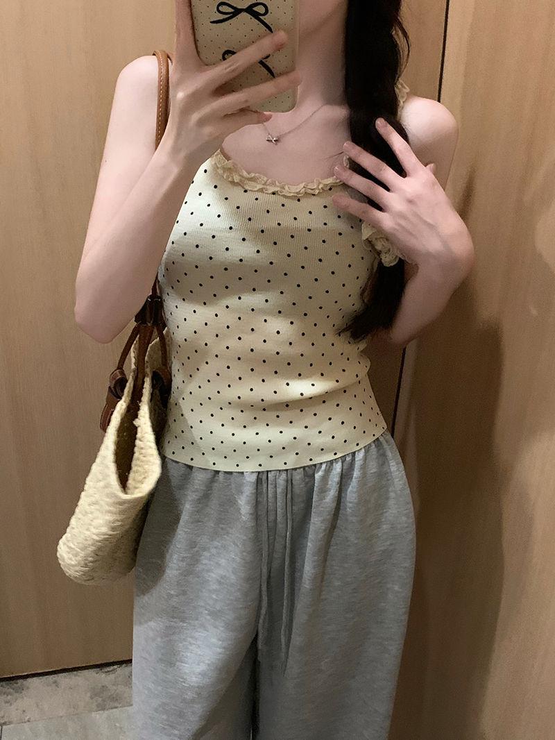 Product Introduction of Red Polka Dot Lace Camisole Women's Summer Slim-Fit Short Sleeveless Top 8