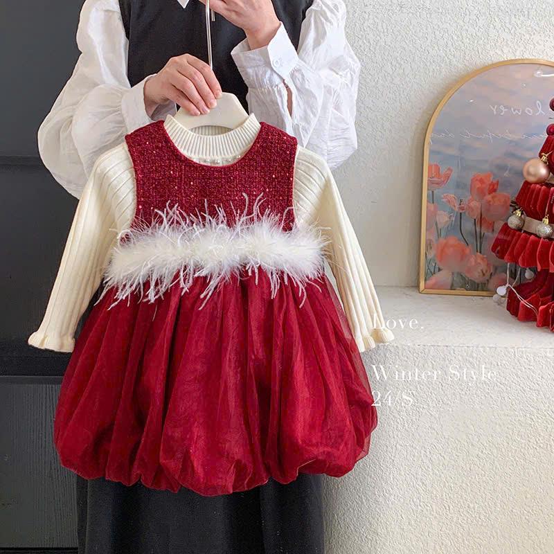 [SALE] Set váy đỏ lót nỉ kèm áo len gắn lông vũ QC cao cấp cho bé gái 11-26kg