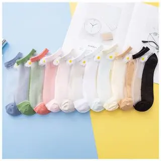 3&6 pasang Kaos Kaki Pendek Wanita Transparan Motif Bunga Daisy / Kaos Kaki Ankle Cute Semata Kaki Korean Import / TS-35 6
