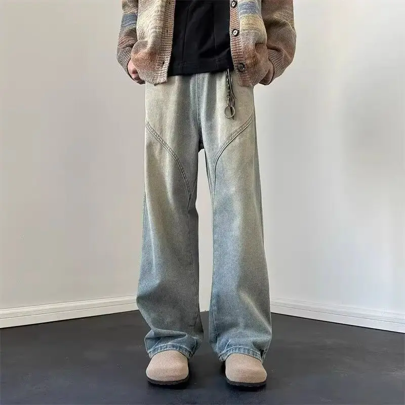 American Cleanfit Jeans for Men, Trendy Washed Loose Straight Pants, Vintage High Street Wide Leg Floor-Length Pants