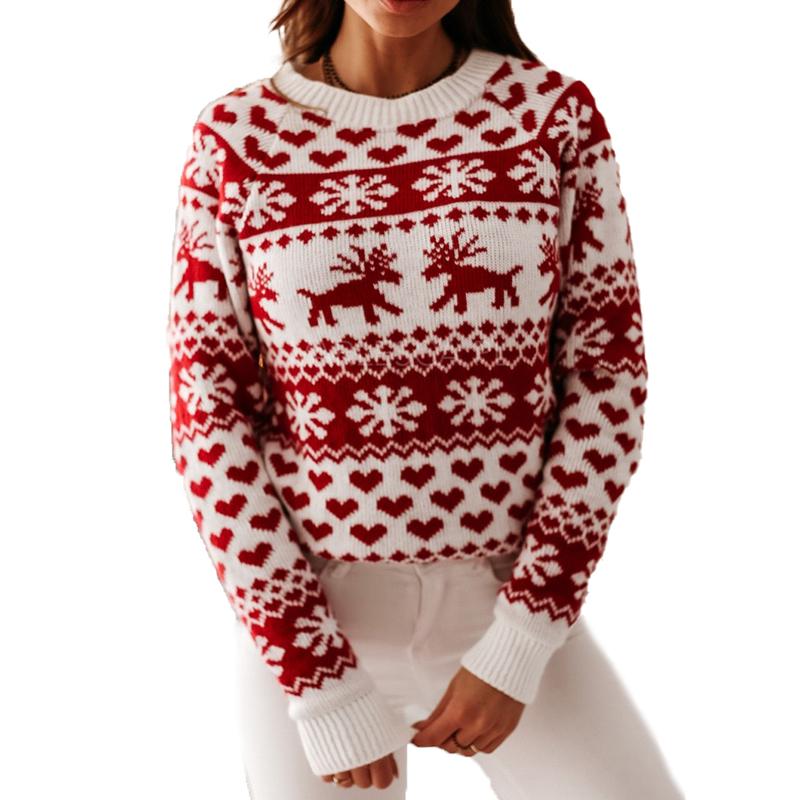 Snowflake Elk Printing Round Neck Long Sleeve Sweaters Snowflake Elk Printing Round Neck Long Sleeve Sweaters