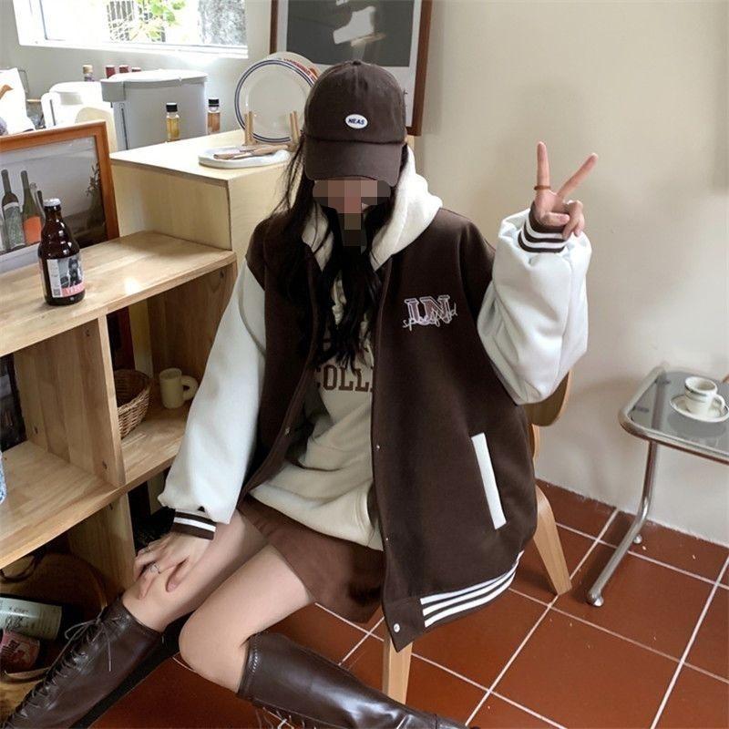 Product Introduction of 2022 Autumn and Winter New American Vintage Fleece-Lined Baseball Uniform Women's Printed Korean Style Loose-Fitting Student Coat Small Fashion Womenswear Jackets 17