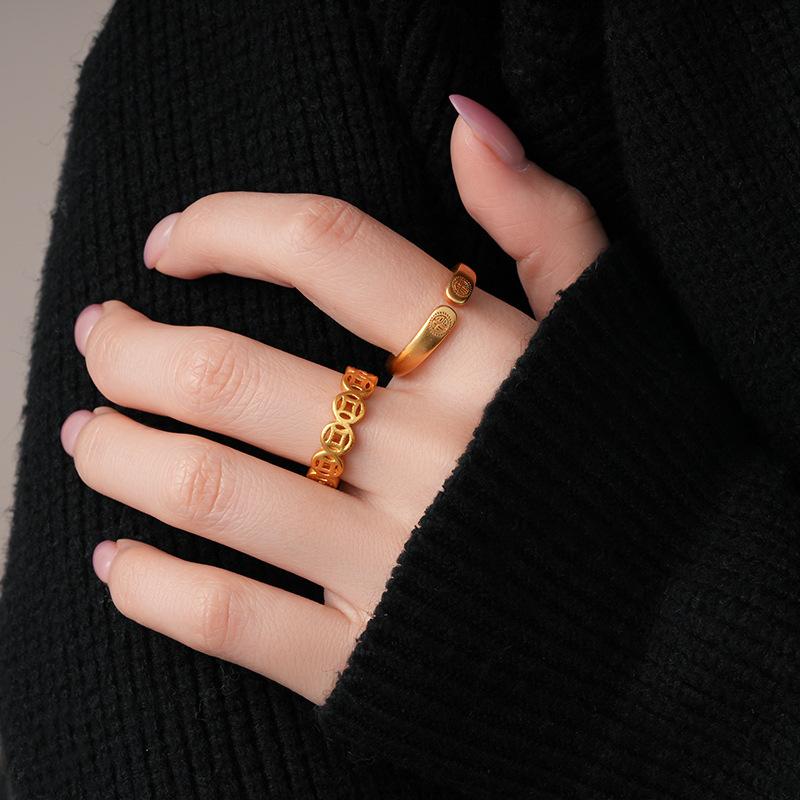 Product Introduction of Real gold electroplating ancient method gold blessing copper coin ring female light luxury high-end index finger ring new Chinese style retro hand jewelry miduoduo 1