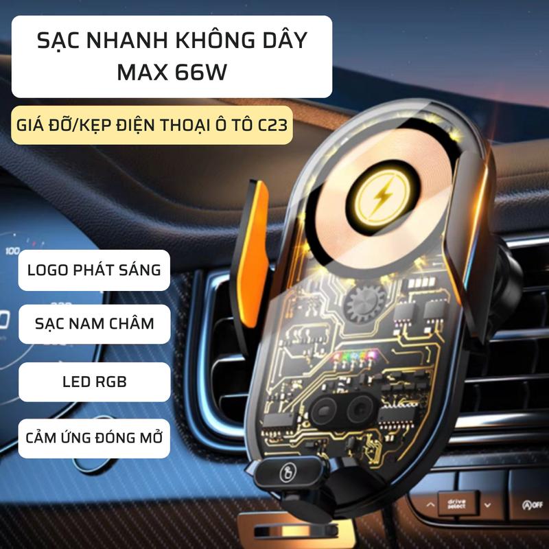 Giá Đỡ Điện Thoại Cảm Ứng Trong Suốt C23 Cho Xe Hơi Sạc Nhanh Không Dây Max 66W LED RGB Cảm Ứng Đóng Mở Sạc Nam Châm Type C & Micro Phụ Kiện Ô Tô