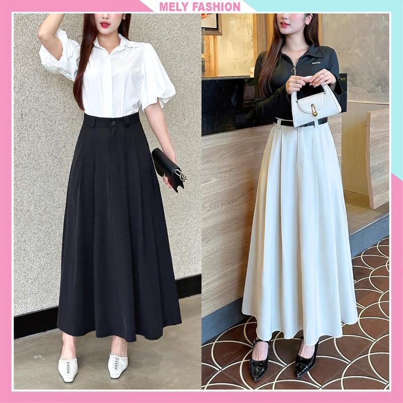Chân váy xếp ly dáng dài midi 90cm xòe chữ A bồng bềnh có túi phong cách Ulzzang hàn quốc douyin Vintage y2k be đen nữ Women Mely Fashion CV89