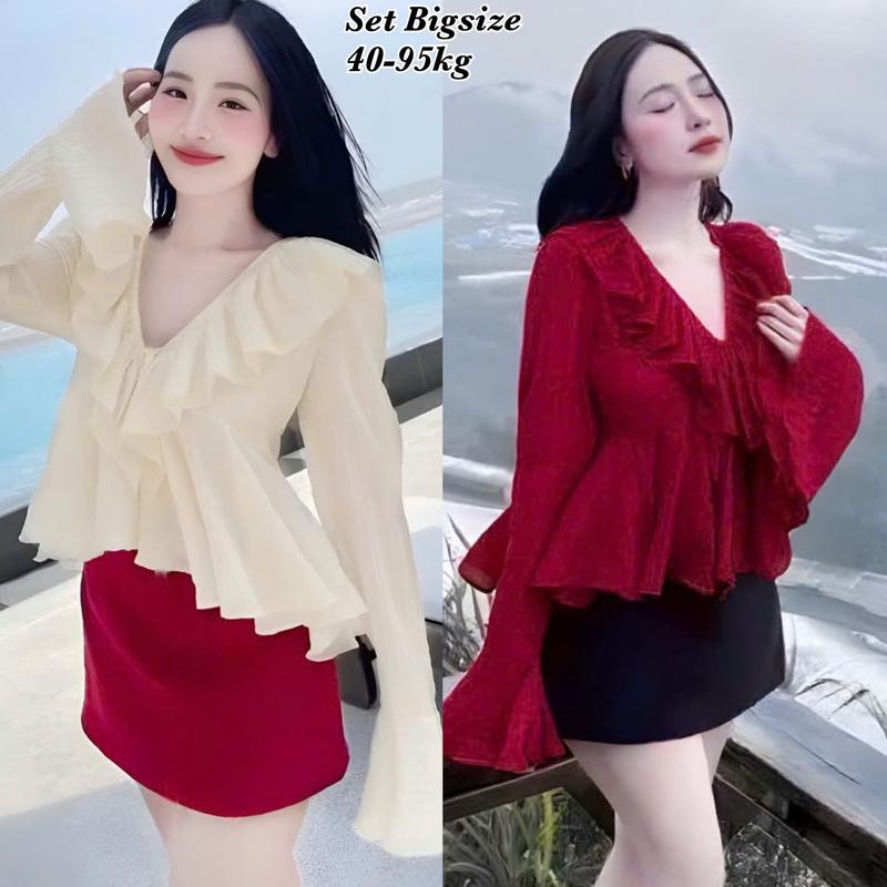 Thời Trang Bigsize Đón Hè 2025 - Set Bigsize Nữ Áo Voan Tay Dài Bèo Kèm Chân Váy Có Lót Trong Lụa Chéo Thái Cao Cấp Thiết Kế Dự Tiệc Đi Chơi Đi Dạo Xinh Đẹp Sang Trọng 50-95kg sét áo đỏ bí và trễ vai - 2371