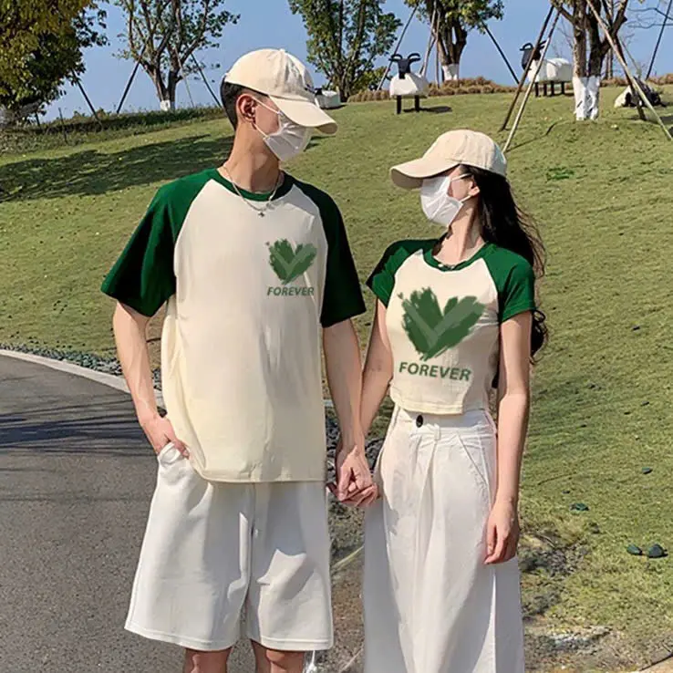 Áo cặp đôi - đồ đôi thun nam nữ xanh lá phối ngà in tim forever DESTINY COUPLE