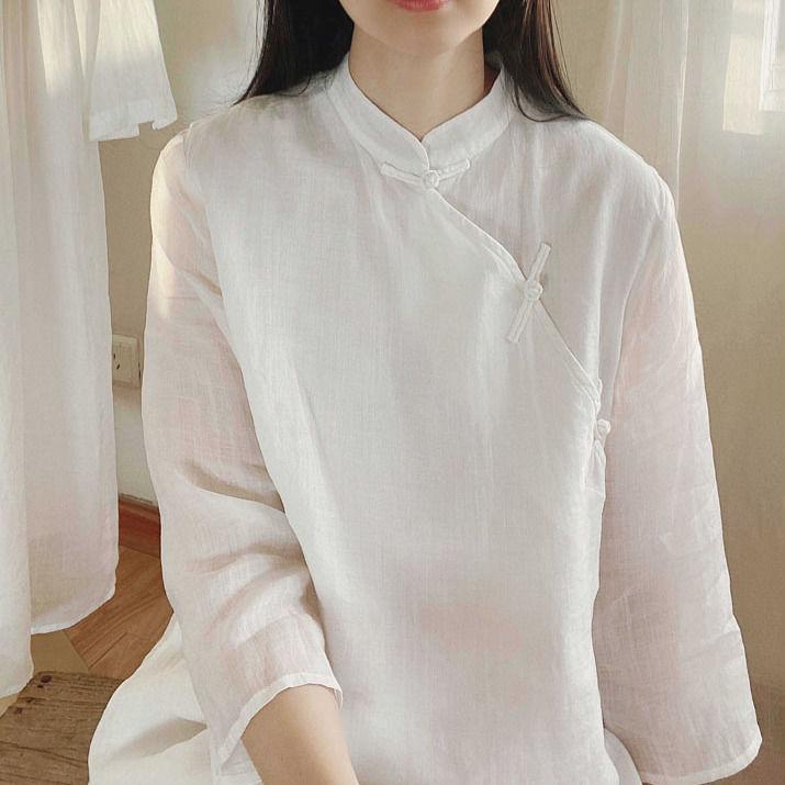 Áo Sơ Mi Mùa Hè, Phong Cách Cổ Điển Vải Bông Giả Và Vải Lanh, Thiết Kế Trung Quốc, Áo Sơ Mi Dài Trung Bình Dáng Rộng Vừa Vặn, Áo Tay Lỡ Ba Phần Tư, Dành Cho Nữ 2