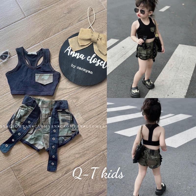 Sét bộ quần lửng kèm áo thun đen ba lỗ tặng thêm dây thắt lưng cho bé gái diện đi chơi đi học