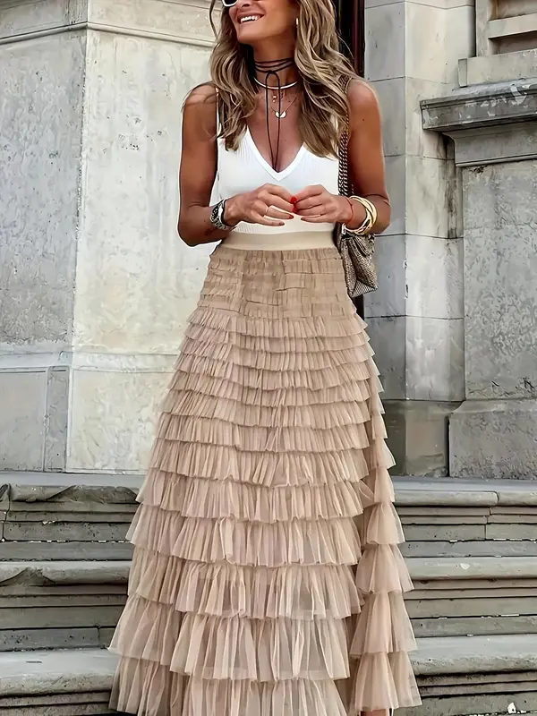 Women's Plain Ruffle Hem Tiered Layer Skirt, Elegant High Waist Long Skirt for Vacation Holiday Party, Ladies Bottoms for All Seasons,  Skirt 8