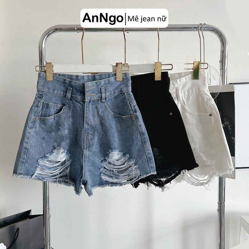  Quần short jean nữ lưng cao bản to chất jean denim không co giãn rách cực xinh Anngo - AT347 