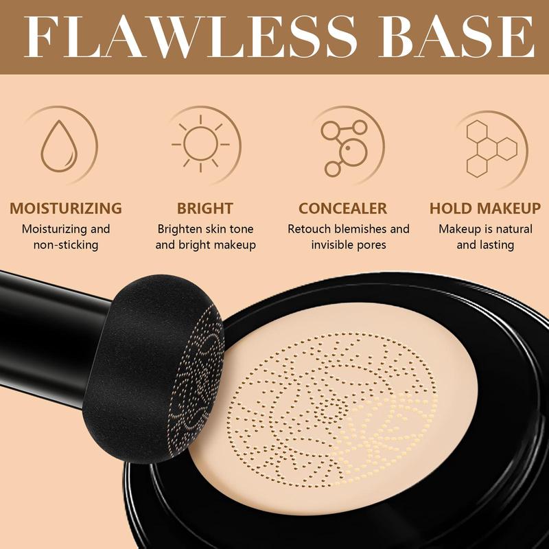 Moisturizing CC Cream with 2 Mushroom Head Powder Brush, 2 Counts/set Natural Long Lasting Makeup Foundation, Facial Makeup Product for Women 6